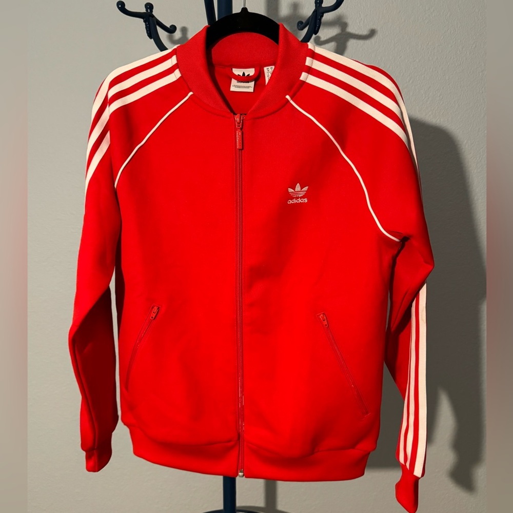 Adidas Red Track Bomber Jacket with White Stripes
